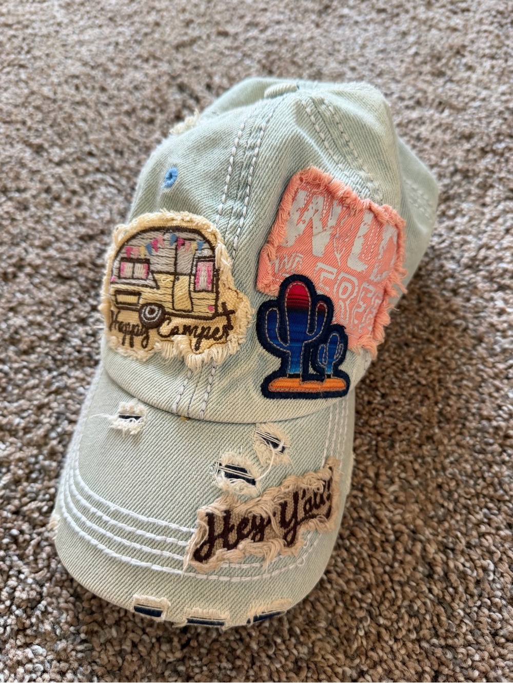 KBETHOS VINTAGE Distressed Washed Denim Hat with Camper Cactus Yall Patches